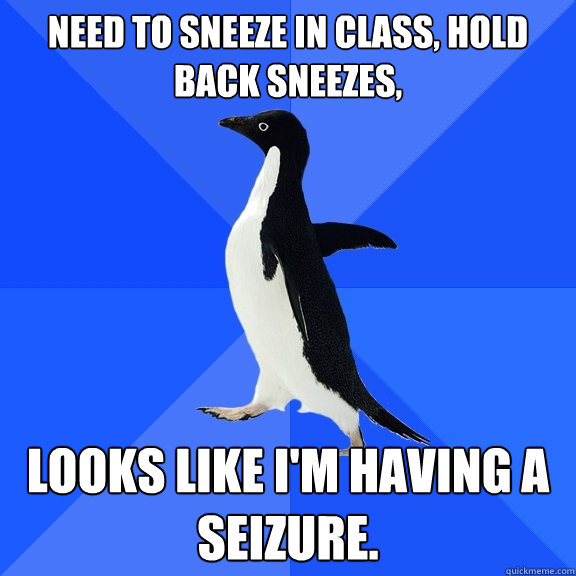 Need to sneeze in class, hold back sneezes, looks like i'm having a seizure.  Socially Awkward Penguin