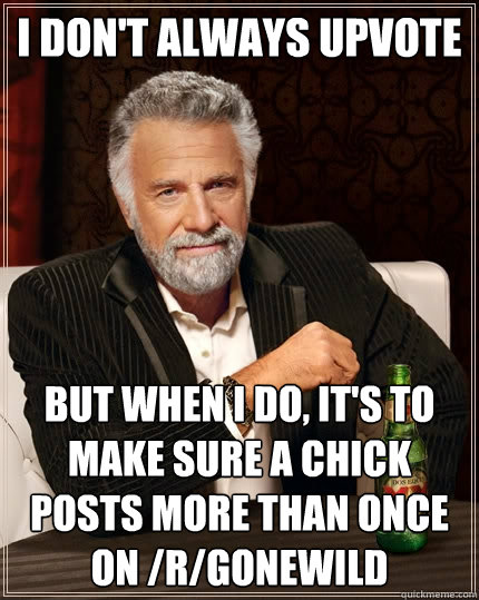I don't always upvote But when I do, it's to make sure a chick posts more than once on /r/gonewild  The Most Interesting Man In The World