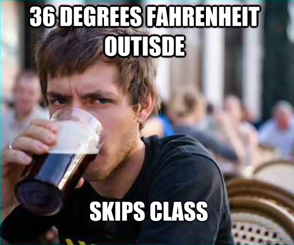 36 Degrees Fahrenheit Outisde Skips class  Lazy College Senior