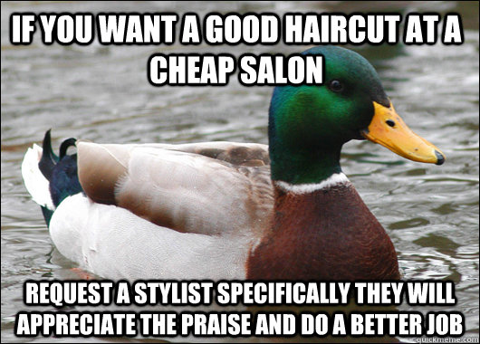 If you want a good haircut at a cheap salon request a stylist specifically they will appreciate the praise and do a better job  Actual Advice Mallard