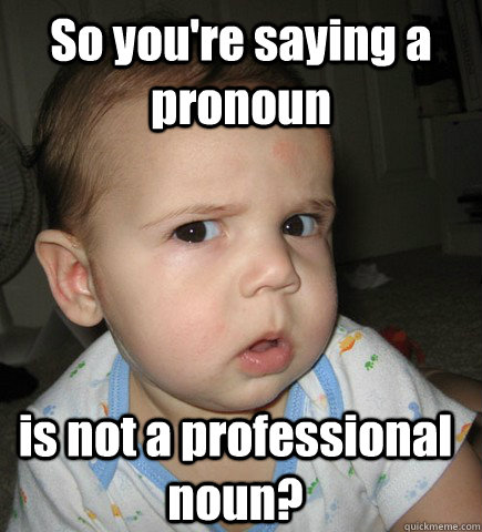 So you're saying a pronoun is not a professional noun? - So you're saying a pronoun is not a professional noun?  Misc