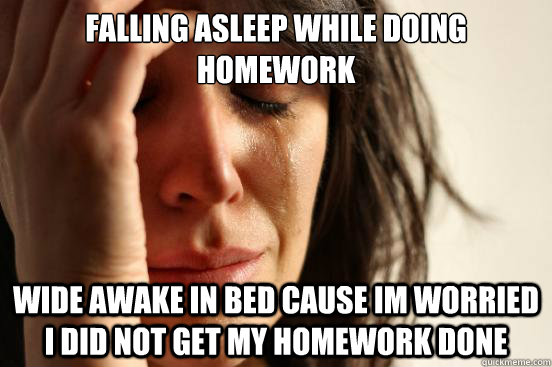Falling asleep while doing homework wide awake in bed cause im worried I did not get my homework done  First World Problems