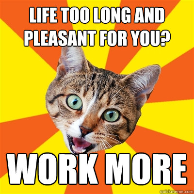 Life too long and pleasant for you? Work more  Bad Advice Cat