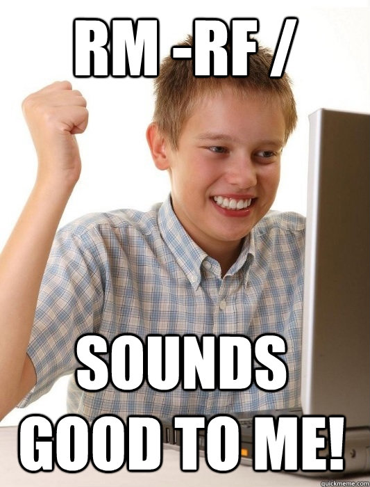 rm -rf / Sounds good to me!  First Day on the Internet Kid