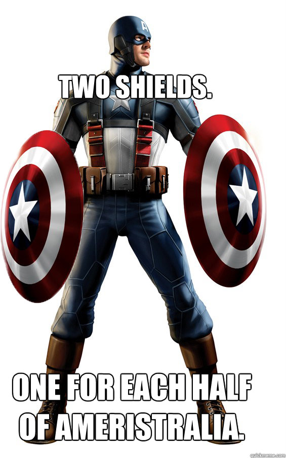 Two shields. One for each half of Ameristralia. - Two shields. One for each half of Ameristralia.  Invincible Captain America