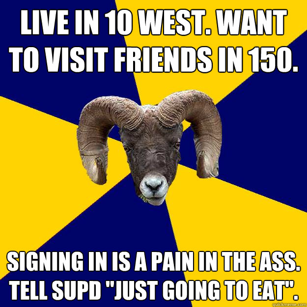 Live in 10 West. Want to visit friends in 150. Signing in is a pain in the ass. Tell SUPD 