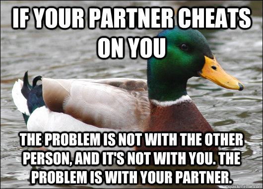 if your partner cheats on you the problem is not with the Other Person, and it's not with you. The problem is with your partner.   Actual Advice Mallard