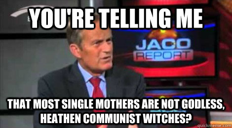 you're telling me that most single mothers are not godless, heathen communist witches? - you're telling me that most single mothers are not godless, heathen communist witches?  Skeptical Todd Akin