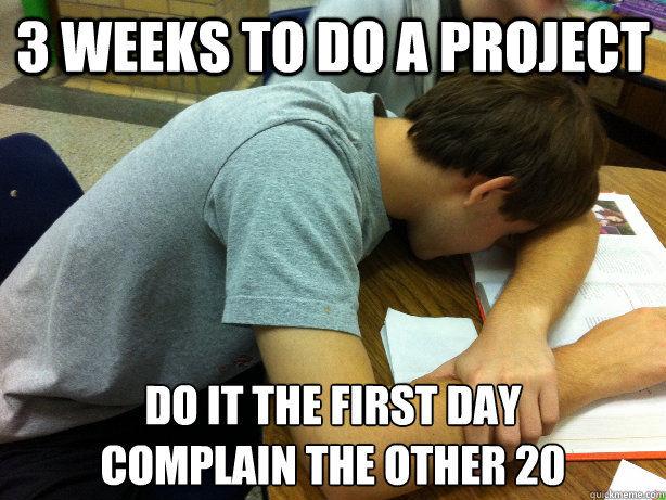 3 weeks to do a project Do it the first day
Complain the other 20  Self-pity Justin