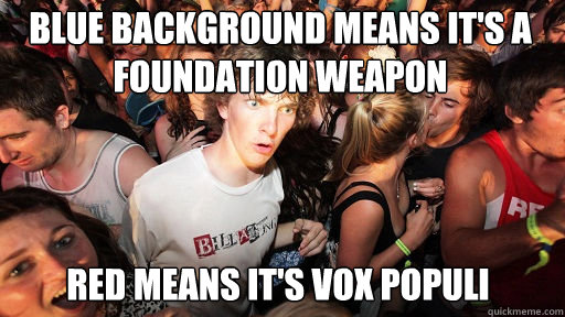 blue background means it's a foundation weapon red means it's vox populi  Sudden Clarity Clarence