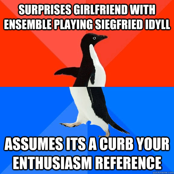 Surprises girlfriend with ensemble playing Siegfried Idyll assumes its a curb your enthusiasm reference  Socially Awesome Awkward Penguin