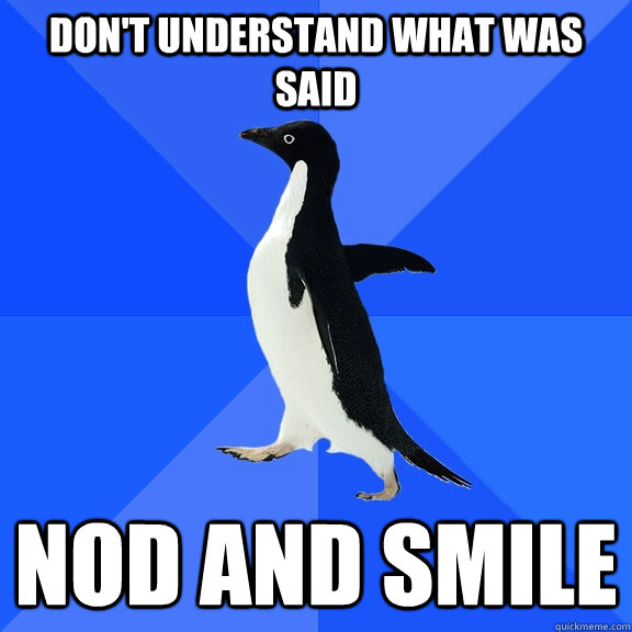 Don't understand what was said Nod and smile  Socially Awkward Penguin
