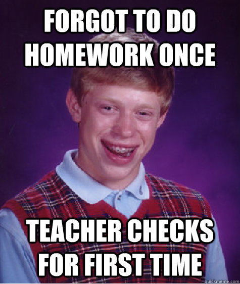 Forgot to do homework once Teacher checks for first time  Bad Luck Brian