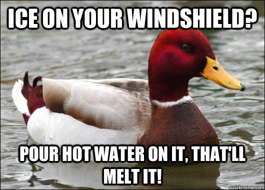 Ice on your windshield? pour hot water on it, that'll melt it!  Malicious Advice Mallard
