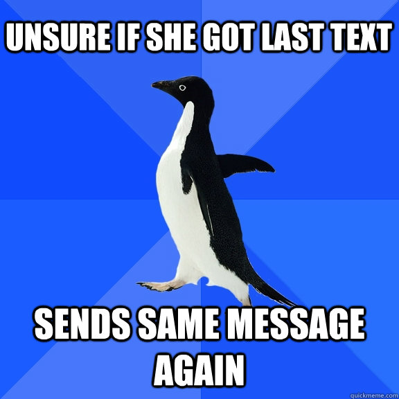 Unsure if she got last text  Sends same message again  Socially Awkward Penguin