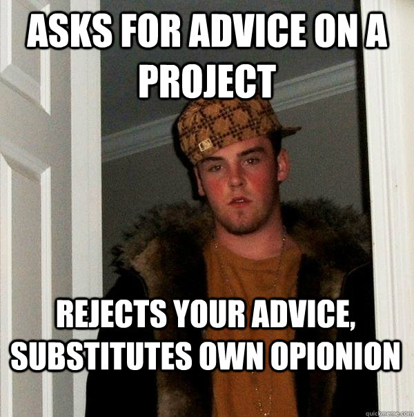 Asks for advice on a project rejects your advice, substitutes own opionion  Scumbag Steve