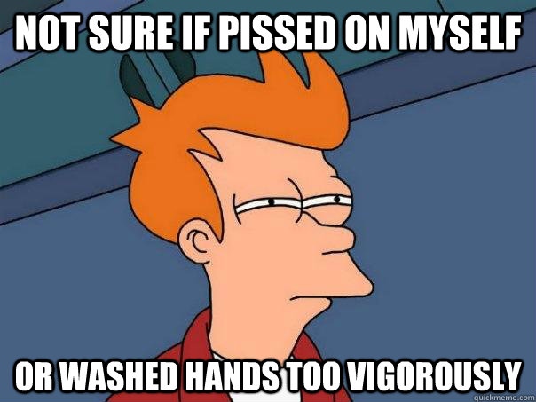 Not sure if pissed on myself or washed hands too vigorously - Not sure if pissed on myself or washed hands too vigorously  Futurama Fry