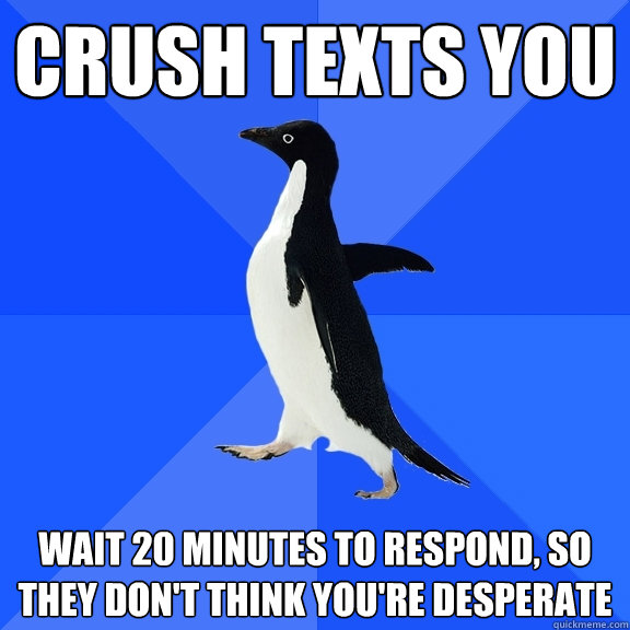 crush texts you wait 20 minutes to respond, so they don't think you're desperate  Socially Awkward Penguin