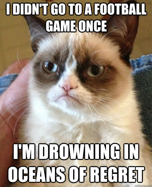 i didn't go to a football game once i'm drowning in oceans of regret  Grumpy Cat