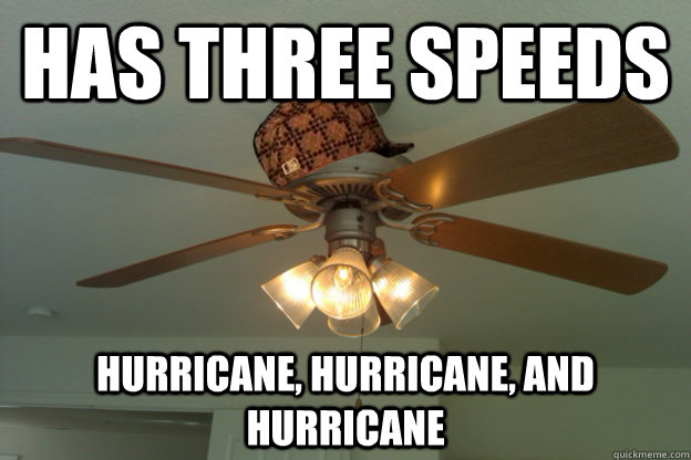 Has three speeds hurricane, hurricane, and hurricane  scumbag ceiling fan