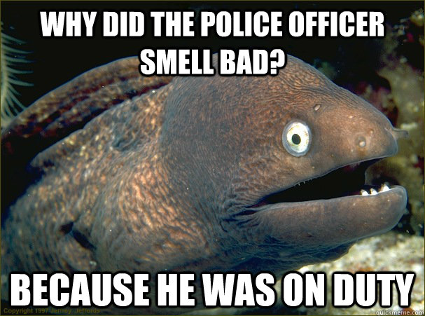 Why did the police officer smell bad? Because he was on duty  Bad Joke Eel