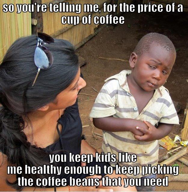 SO YOU'RE TELLING ME, FOR THE PRICE OF A CUP OF COFFEE YOU KEEP KIDS LIKE ME HEALTHY ENOUGH TO KEEP PICKING THE COFFEE BEANS THAT YOU NEED Skeptical Third World Kid