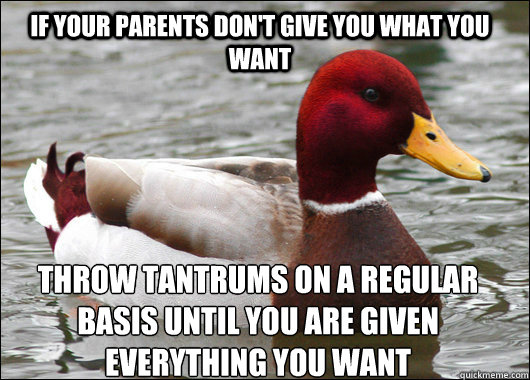 If your parents don't give you what you want Throw tantrums on a regular basis until you are given everything you want  Malicious Advice Mallard