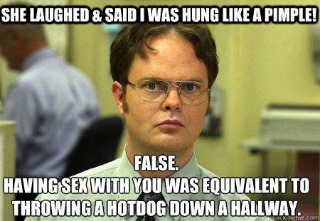 She laughed & said i was hung like a pimple! False.
having sex with you was equivalent to throwing a hotdog down a hallway.  Schrute