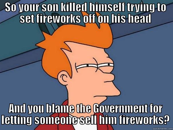 SO YOUR SON KILLED HIMSELF TRYING TO SET FIREWORKS OFF ON HIS HEAD AND YOU BLAME THE GOVERNMENT FOR LETTING SOMEONE SELL HIM FIREWORKS? Futurama Fry