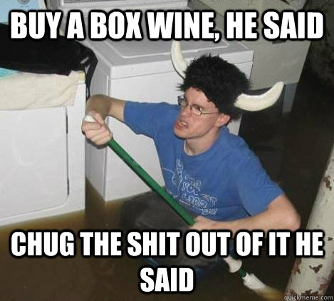 Buy a box wine, he said chug the shit out of it he said  They said
