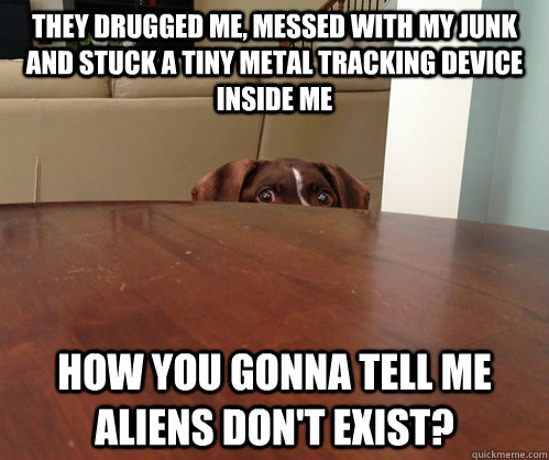 they drugged me, messed with my junk and stuck a tiny metal tracking device inside me how you gonna tell me aliens don't exist?  Paranoia Dog