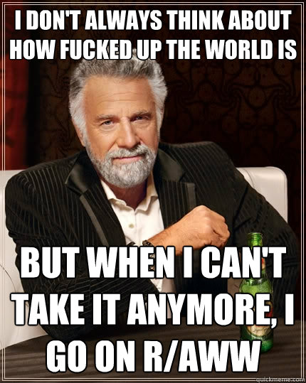 I don't always think about how fucked up the world is But when I can't take it anymore, I go on r/aww - I don't always think about how fucked up the world is But when I can't take it anymore, I go on r/aww  The Most Interesting Man In The World