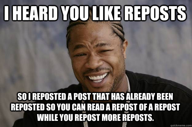 I heard you like reposts so i reposted a post that has already been reposted so you can read a repost of a repost while you repost more reposts.  Xzibit meme