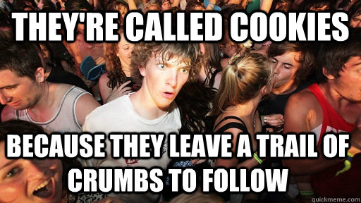 They're called cookies because they leave a trail of crumbs to follow - They're called cookies because they leave a trail of crumbs to follow  Sudden Clarity Clarence