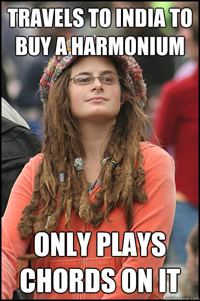 Travels to India to buy a harmonium Only plays chords on it  College Liberal
