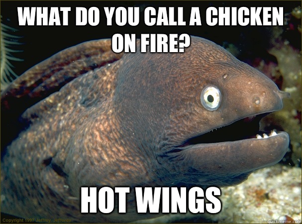 What do you call a chicken on fire? Hot wings - What do you call a chicken on fire? Hot wings  Bad Joke Eel