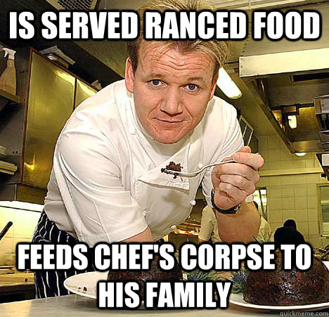 Is served ranced food Feeds chef's corpse to his family  Psychotic Nutjob Gordon Ramsay