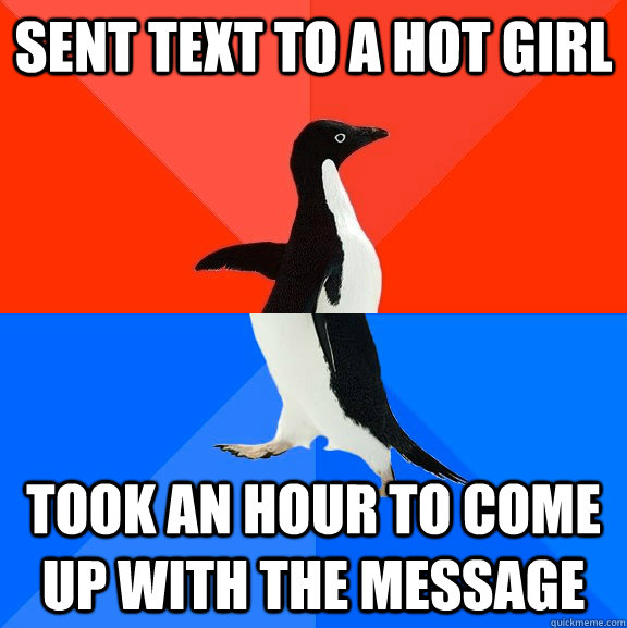 sent text to a hot girl took an hour to come up with the message  Socially Awesome Awkward Penguin