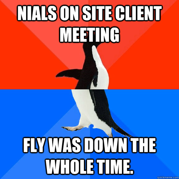 Nials on site client meeting Fly was down the whole time.    Socially Awesome Awkward Penguin