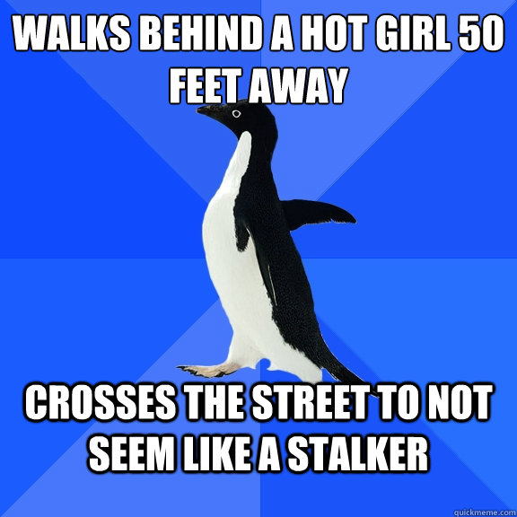 Walks behind a hot girl 50 feet away Crosses the street to not seem like a stalker  Socially Awkward Penguin