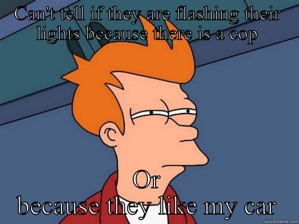 CAN'T TELL IF THEY ARE FLASHING THEIR LIGHTS BECAUSE THERE IS A COP OR BECAUSE THEY LIKE MY CAR Futurama Fry