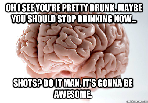 oh i see you're pretty drunk. maybe you should stop drinking now... shots? do it man, it's gonna be awesome.  Scumbag Brain