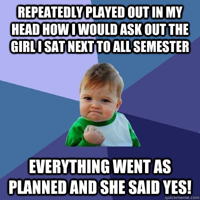 Repeatedly played out in my head how I would ask out the girl I sat next to all semester Everything went as planned and she said yes! - Repeatedly played out in my head how I would ask out the girl I sat next to all semester Everything went as planned and she said yes!  Success Kid