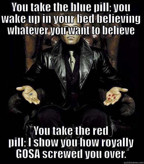 red pill blue pill GHP - YOU TAKE THE BLUE PILL; YOU WAKE UP IN YOUR BED BELIEVING WHATEVER YOU WANT TO BELIEVE YOU TAKE THE RED PILL; I SHOW YOU HOW ROYALLY GOSA SCREWED YOU OVER. Morpheus