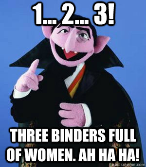1... 2... 3! Three binders full of women. Ah ha ha!  the count