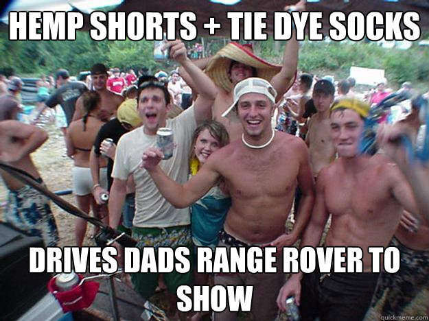 hemp shorts + tie dye socks drives dads range rover to show  