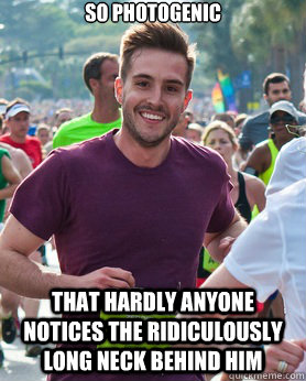 So photogenic That hardly anyone notices the ridiculously long neck behind him  Ridiculously photogenic guy