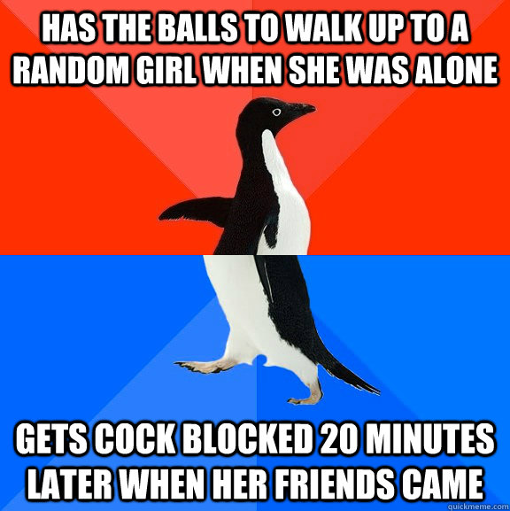 has the balls to walk up to a random girl when she was alone gets cock blocked 20 minutes later when her friends came   Socially Awesome Awkward Penguin