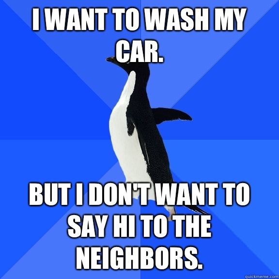 I want to wash my car. But I don't want to say hi to the neighbors.  Socially Awkward Penguin
