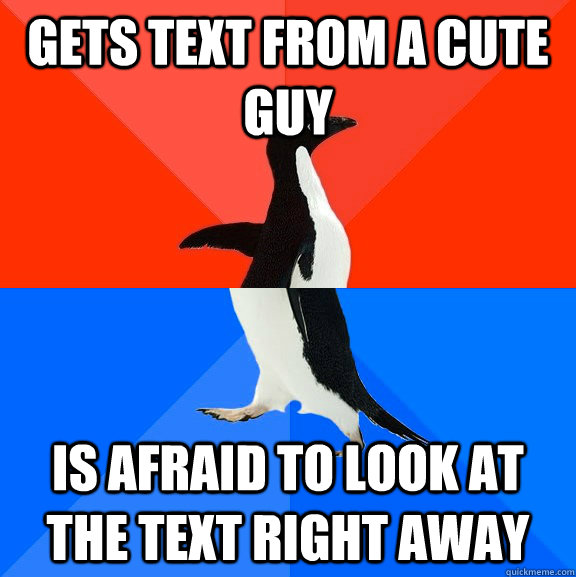Gets text from a cute guy is afraid to look at the text right away  Socially Awesome Awkward Penguin